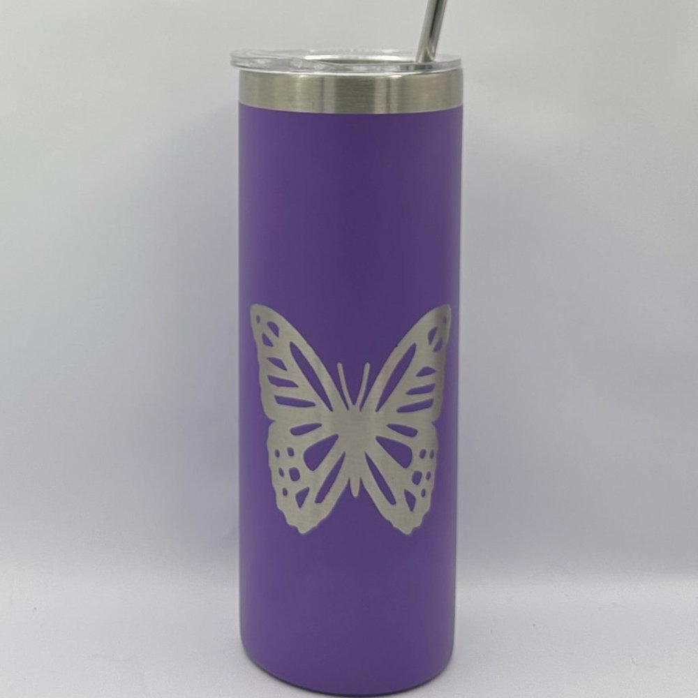 Purple engraved Butterfly 20 ounce skinny tumbler with lid and straw